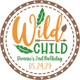 Wild Child birthday sticker with feathers