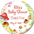 Woodland Mushroom baby shower stickers with red toadstool and greenery.