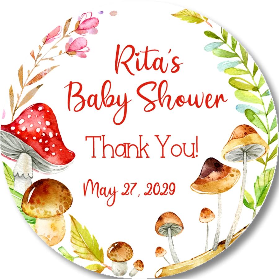Woodland Mushroom baby shower stickers with red toadstool and greenery.