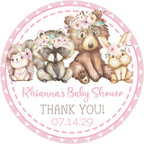 Woodland animals baby shower stickers with pink floral crowns