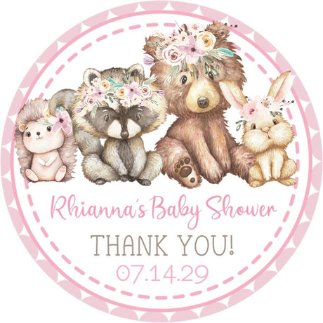 Woodland animals baby shower stickers with pink floral crowns