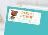 Woodland bear floral address labels with teal accent text