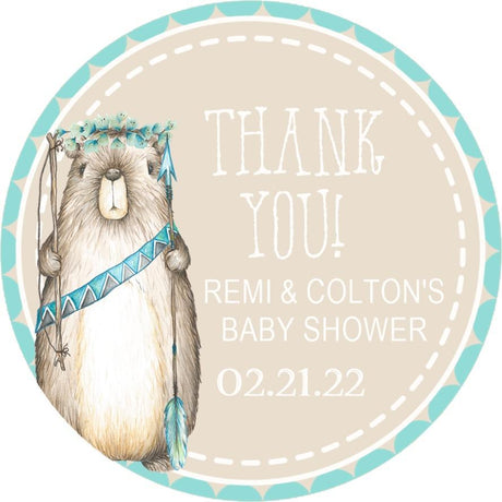 Woodland beaver baby shower sticker with turquoise and beige design