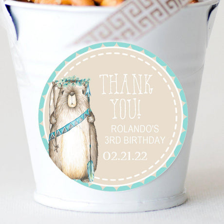 Woodland beaver birthday sticker with turquoise border