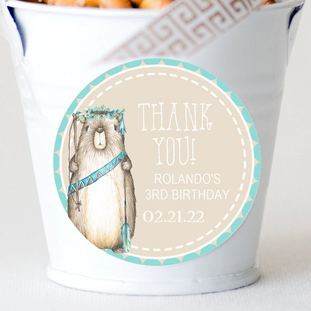 Woodland beaver birthday sticker with turquoise border