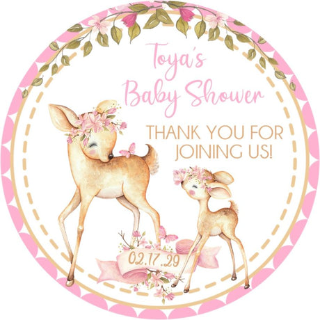 Woodland deer baby shower stickers with mama and baby deer.