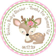 Woodland deer baby shower stickers with pink floral crown.