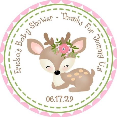 Woodland deer baby shower stickers with pink floral crown.