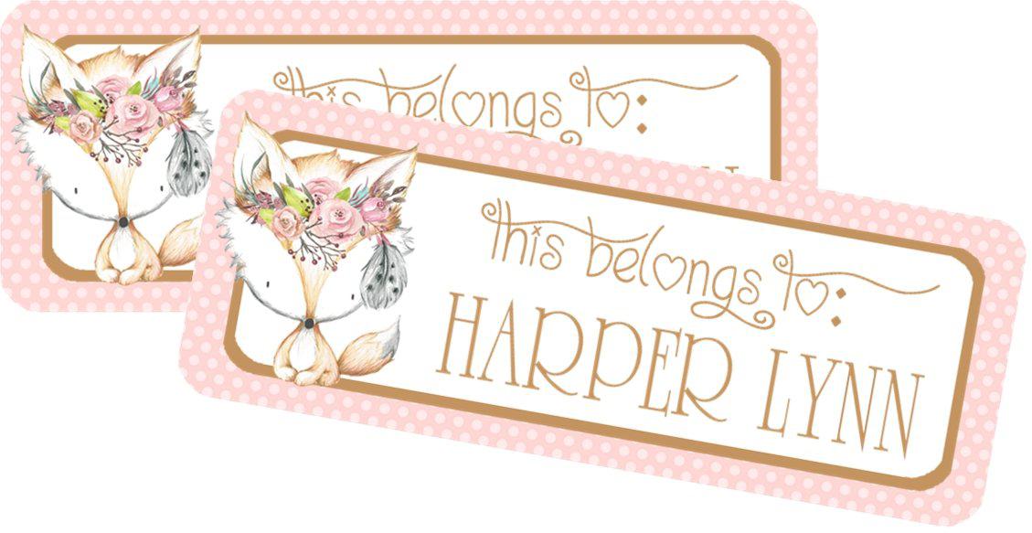 Woodland fox school supply label with boho style design