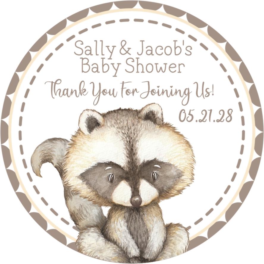 Woodland raccoon baby shower stickers with rustic brown tones.