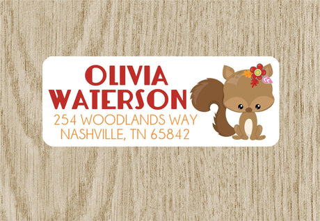 Woodland squirrel floral address labels with orange name text