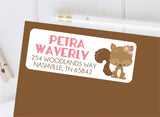 Woodland squirrel floral address labels with pink name text