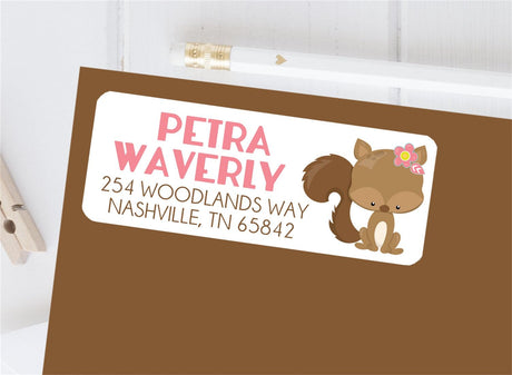 Woodland squirrel floral address labels with pink name text