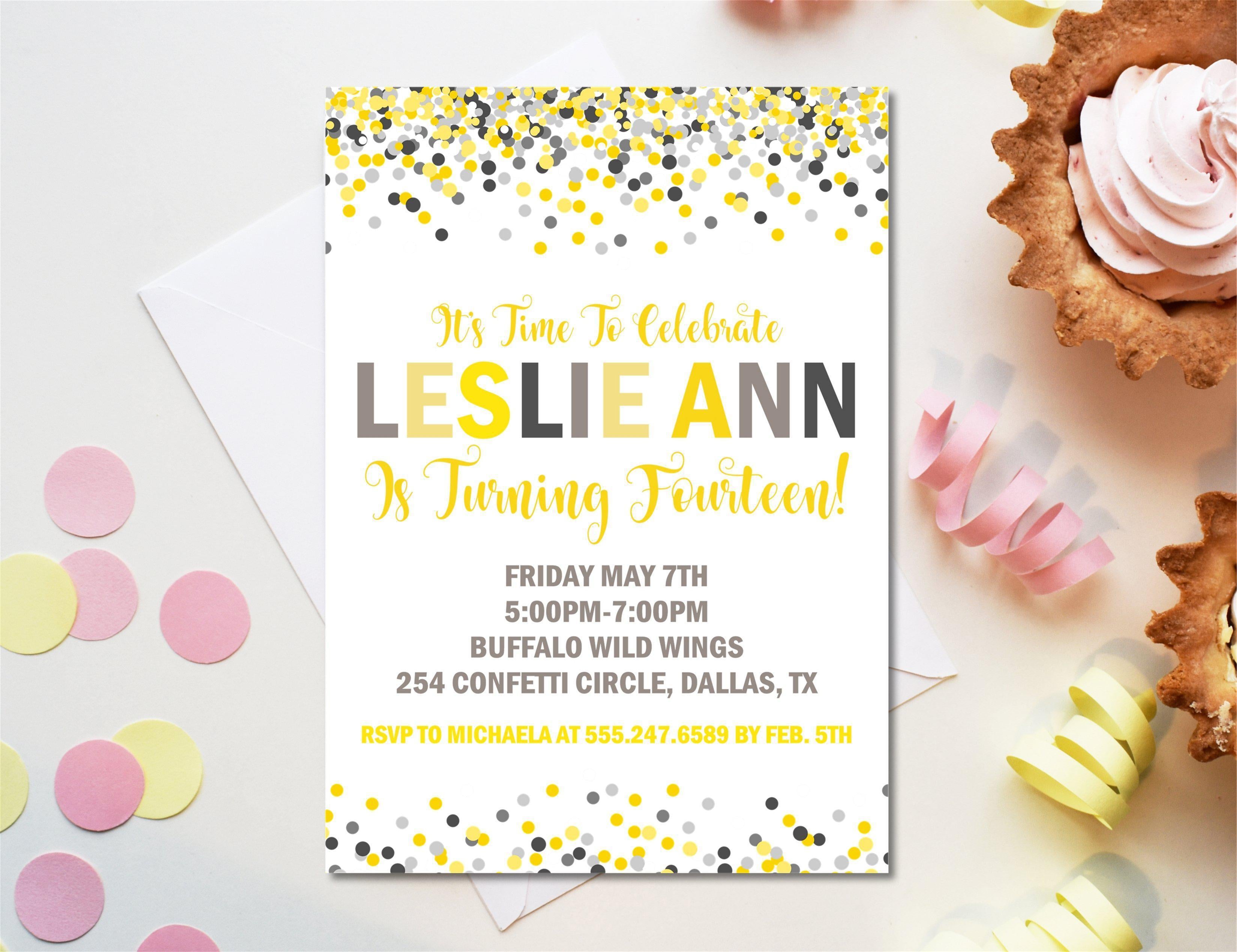Yellow And Grey Confetti Birthday Party Invitations