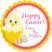 Yellow Easter chick sticker with hatching chick and decorated eggs