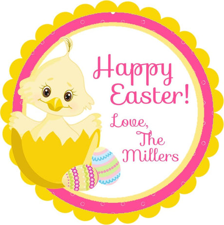 Yellow Easter chick sticker with hatching chick and decorated eggs