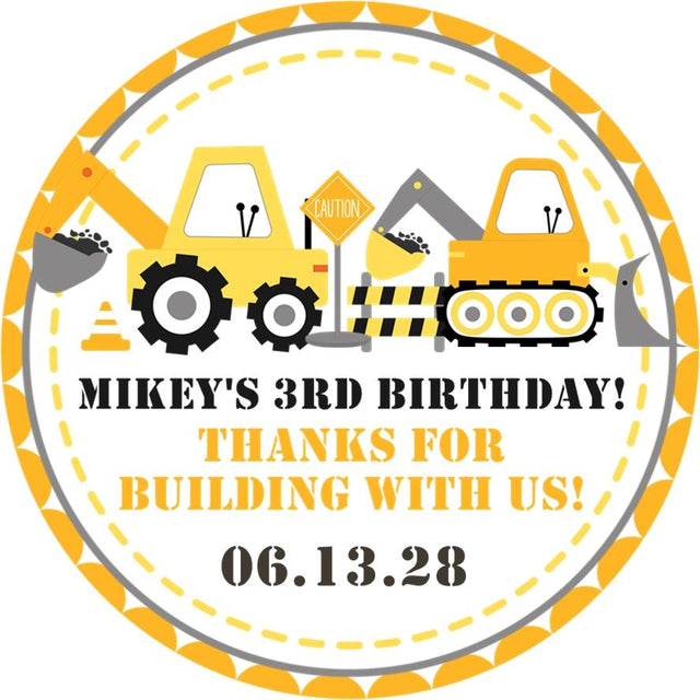 Yellow construction birthday stickers with trucks and caution sign