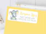 Yellow elephant address labels with watercolor baby elephant