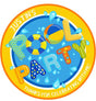Yellow pool party birthday sticker with colorful letters