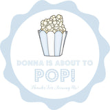 baby boy popcorn sticker with about to pop text