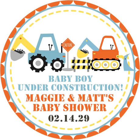 baby boy under construction baby shower sticker with blue and orange trucks