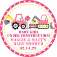 baby girl under construction baby shower sticker in pink and yellow