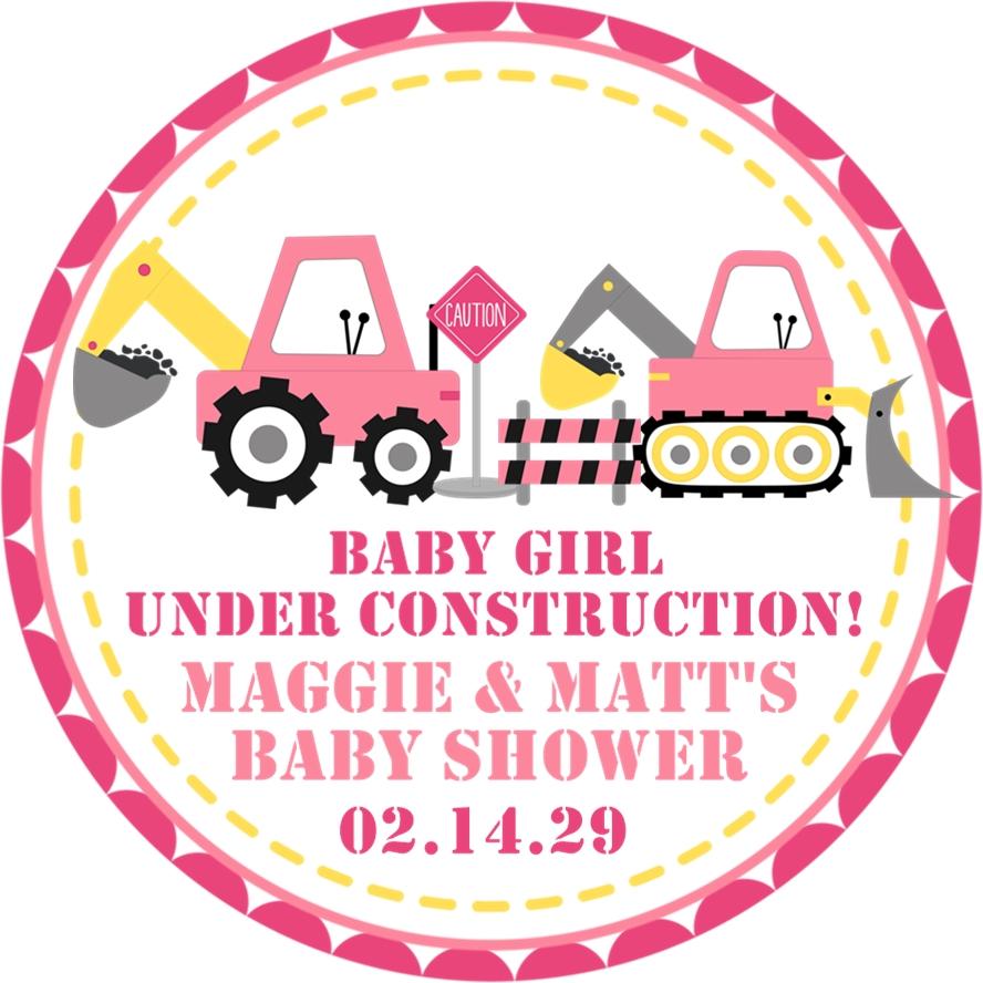 baby girl under construction baby shower sticker in pink and yellow