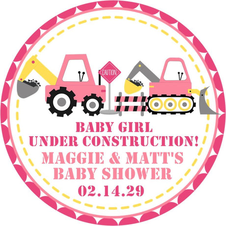baby girl under construction baby shower sticker in pink and yellow