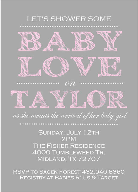 baby love baby shower invitations gray pink typography design