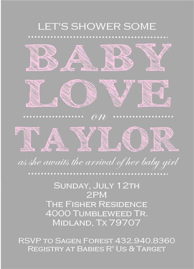 baby love baby shower invitations gray pink typography design