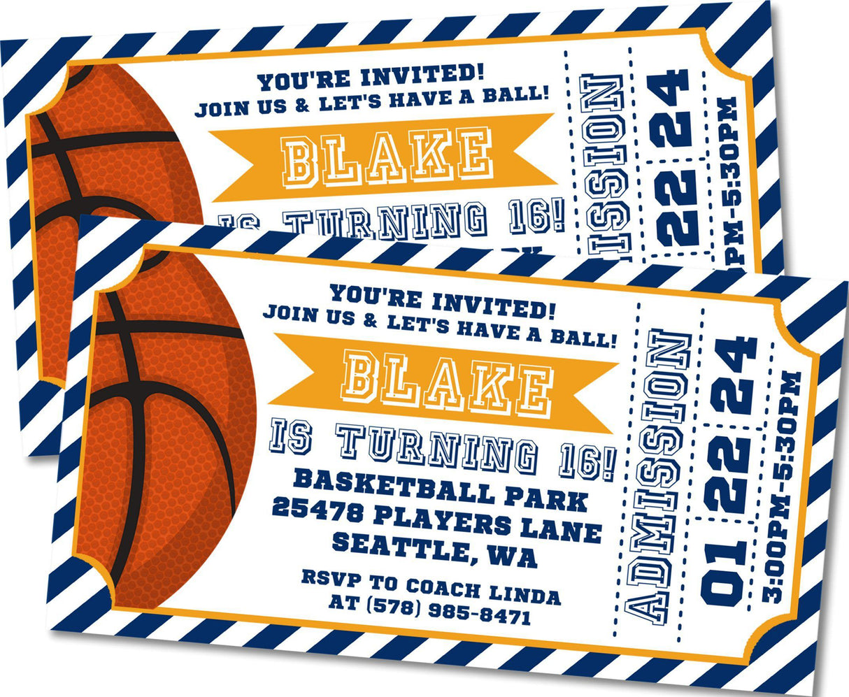 basketball birthday ticket invitations blue gold admit one theme