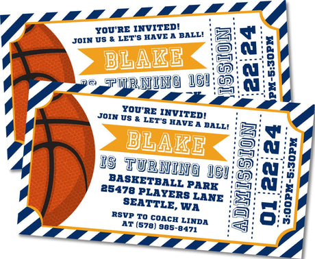 basketball birthday ticket invitations blue gold admit one theme