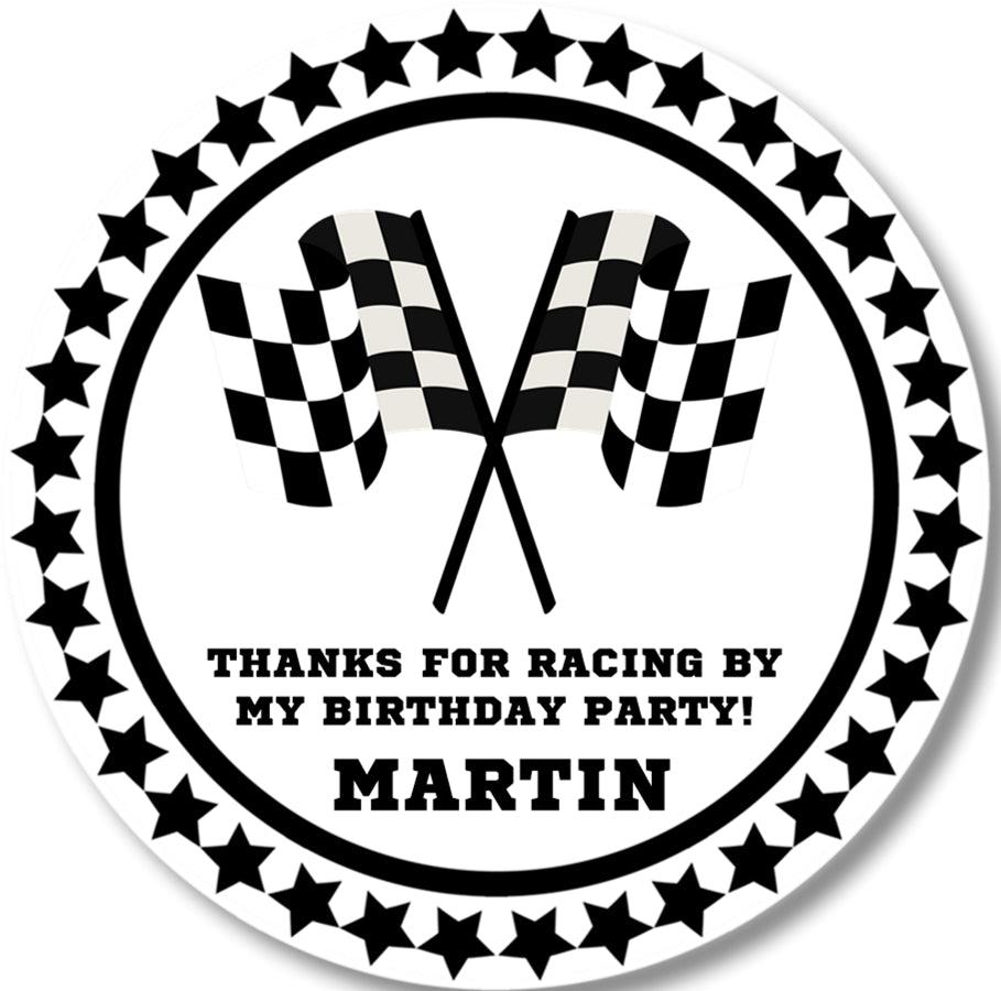 black and white racing flag birthday party sticker
