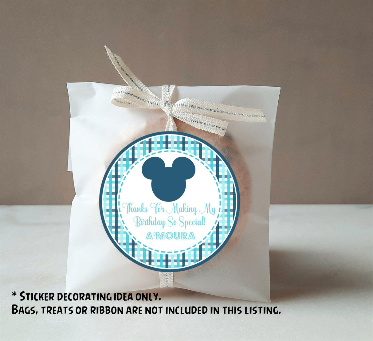 blue and teal mouse themed party favor label