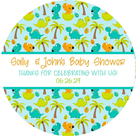 blue background dinosaur favor label design
