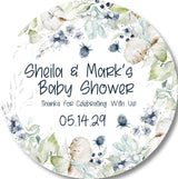 blue floral baby shower sticker with eucalyptus and cotton