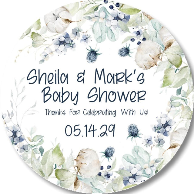 blue floral baby shower sticker with eucalyptus and cotton