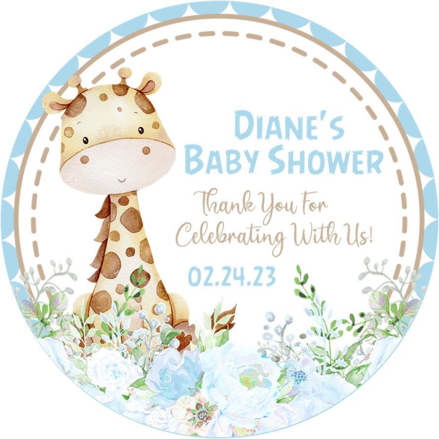 blue floral giraffe baby shower sticker for boys