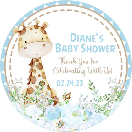 blue floral giraffe baby shower sticker for boys