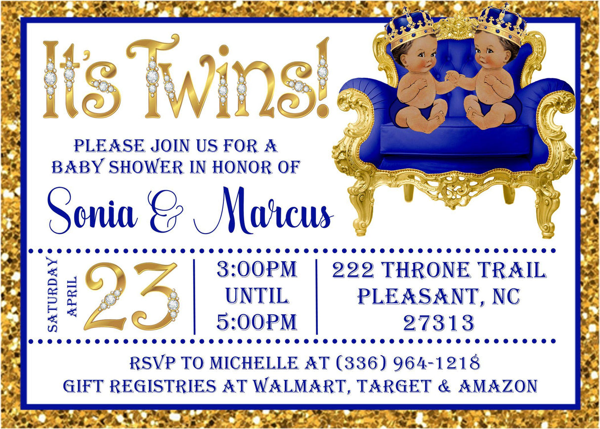 blue gold twins prince crown baby shower invitation cards