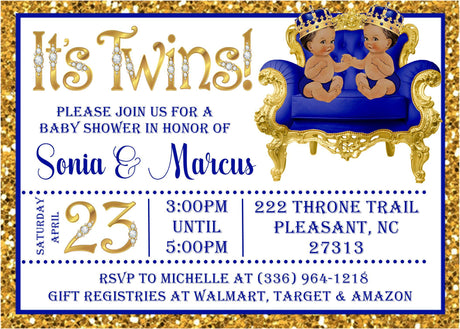 blue gold twins prince crown baby shower invitation cards