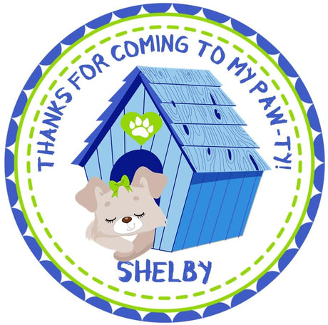 blue green doghouse puppy birthday sticker