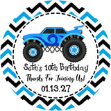 blue monster truck birthday sticker with chevron pattern