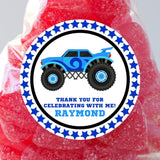 blue monster truck birthday stickers personalized