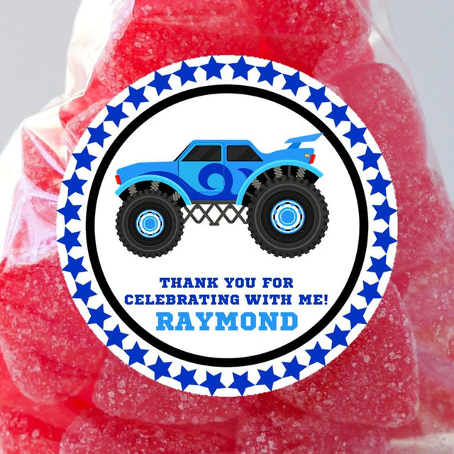 blue monster truck birthday stickers personalized
