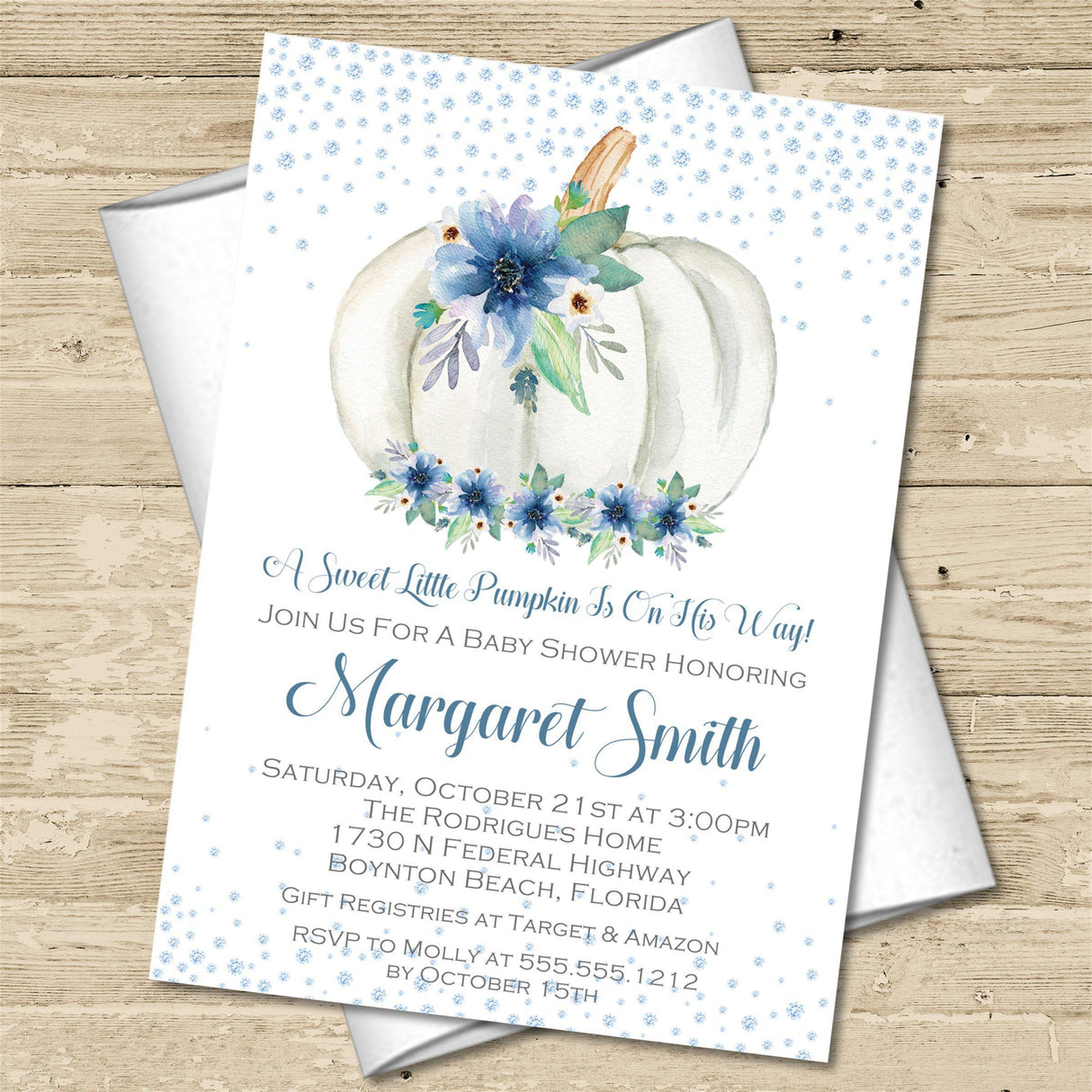 blue pumpkin baby shower invitations floral seasonal theme