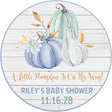 blue pumpkin baby shower sticker on white wood background