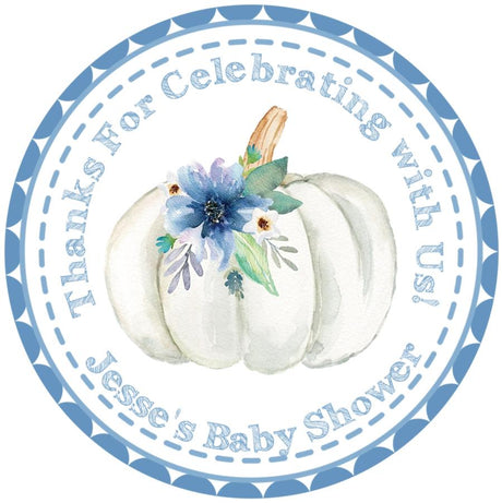 blue pumpkin baby shower sticker with floral watercolor design