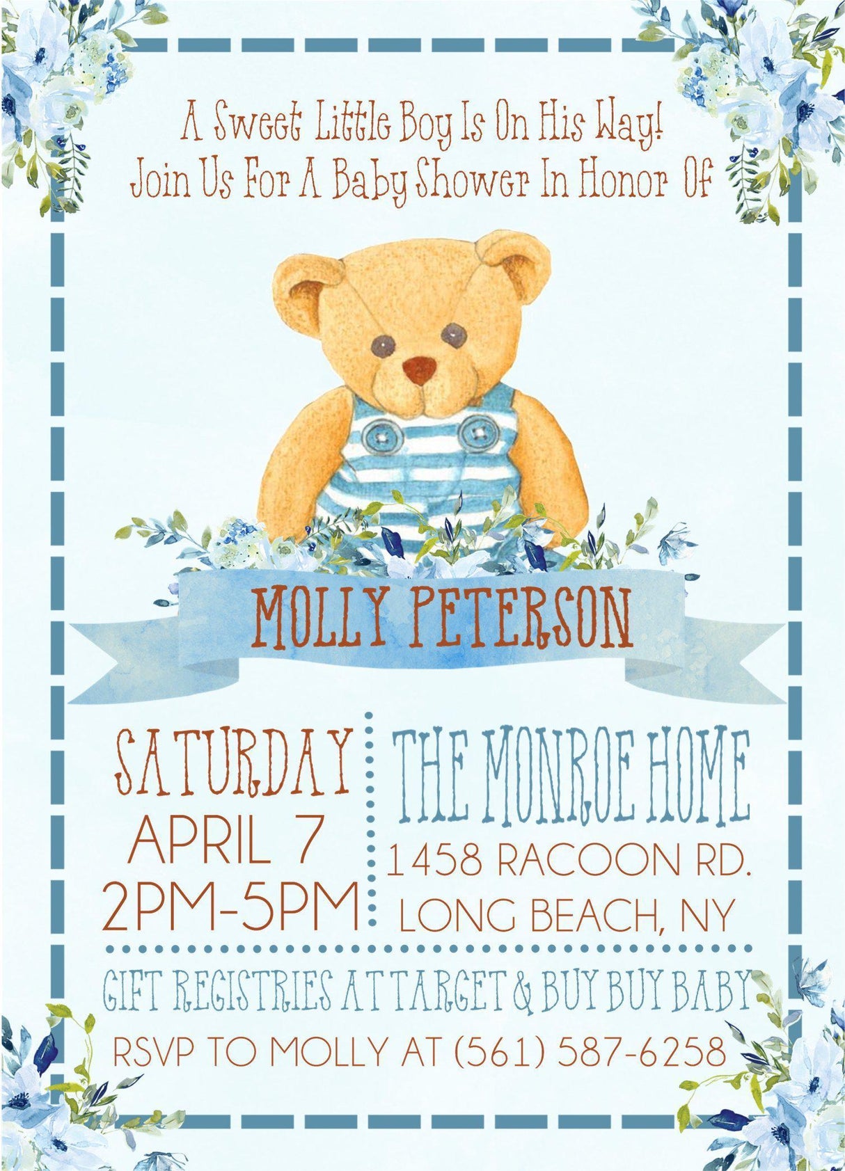 blue teddy bear baby shower invitations rustic floral design
