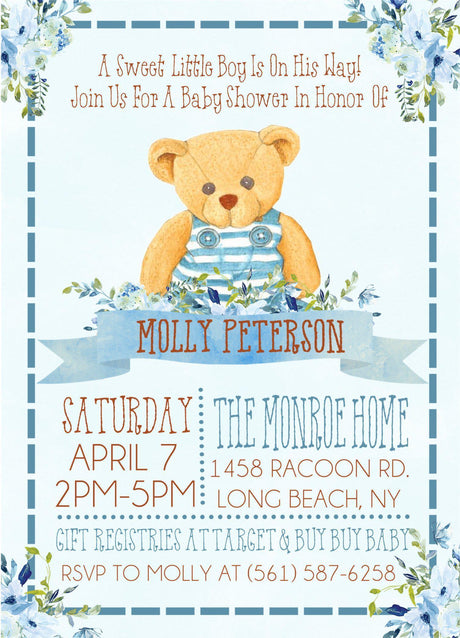 blue teddy bear baby shower invitations rustic floral design